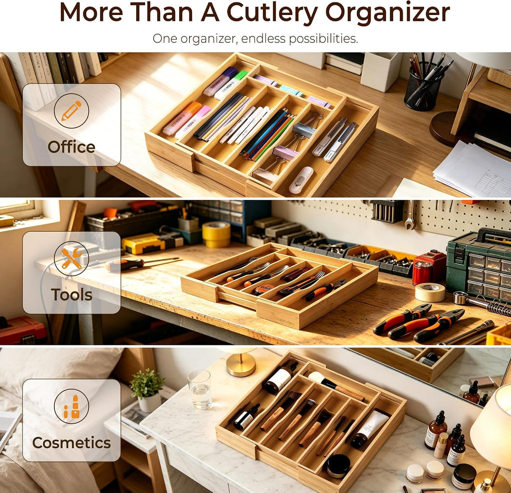 Expandable Bamboo Kitchen Drawer Organizer for Cutlery and Utensils, Adjustable Bamboo Wood Cutlery Tray in Drawer for Flatware and Silverware in Kitchen, (Natural)