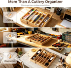 Expandable Bamboo Kitchen Drawer Organizer for Cutlery and Utensils, Adjustable Bamboo Wood Cutlery Tray in Drawer for Flatware and Silverware in Kitchen, (Natural)