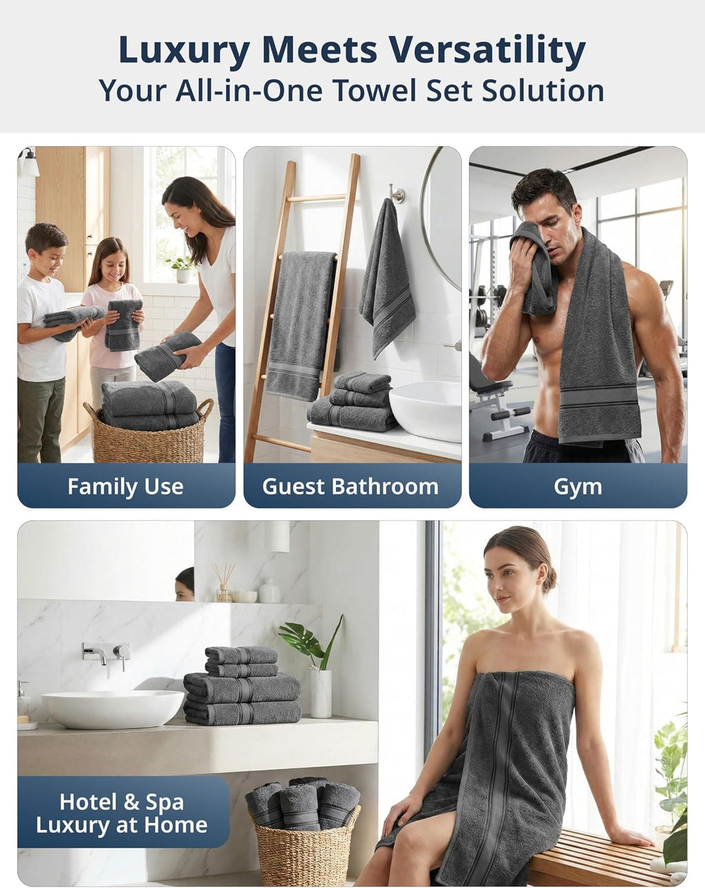 Bath Towel Set 100% Cotton 18 Piece Soft Absorbent - Grey