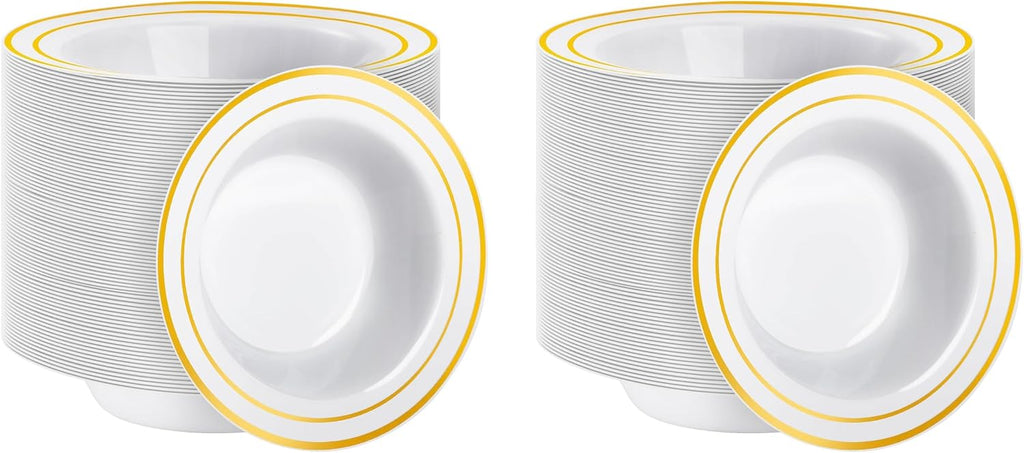 50 Pack Plastic Bowls with Gold Rim
