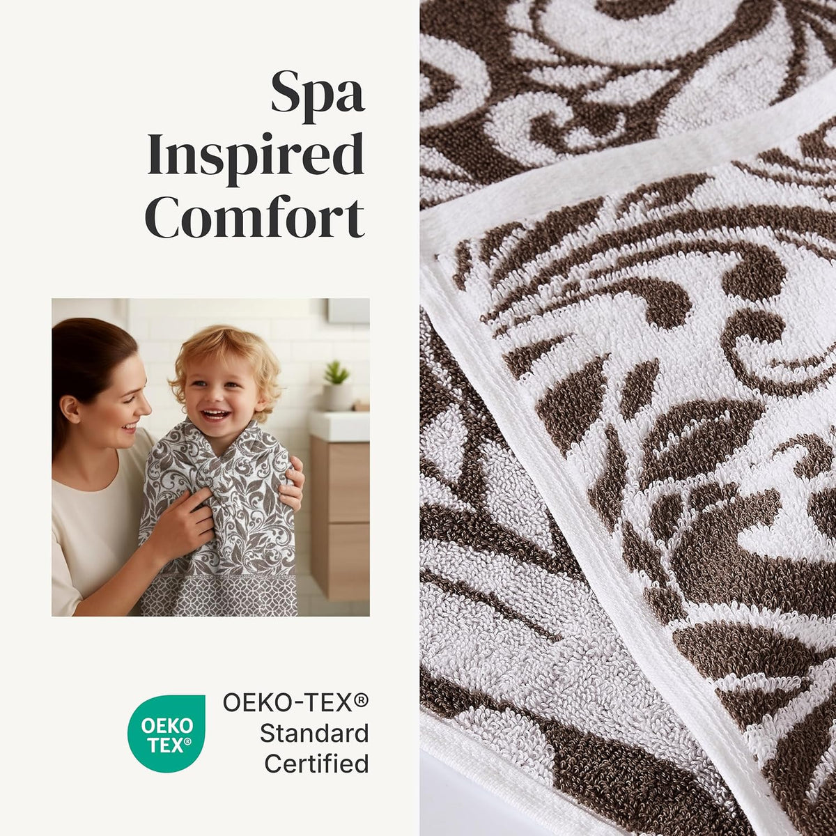 6 Piece Bath Towel Set – Bathroom Set with 2 Bath Towels, 2 Hand Towels, and 2 Wash Cloths – 100% Cotton, Super Absorbent & Extra Soft – Reversible Botanical Vine (Taupe Brown)