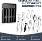 49 Piece Stainless Steel Silverware Set with Steak Knives - 8 Person Silverware Set with Organizer, Include Knives, Forks & Spoons Flatware Set for Apartment & Restaurant
