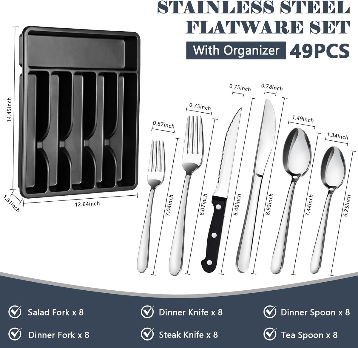 49 Piece Stainless Steel Silverware Set with Steak Knives - 8 Person Silverware Set with Organizer, Include Knives, Forks & Spoons Flatware Set for Apartment & Restaurant
