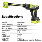 SEESE Cordless Pressure Washer Gun, 1000 PSI Portable Electric Washer for Vehicle, Driveway & Deck - Ergonomic Handle Design with 30Min Runtime & 6-In-1 Nozzle