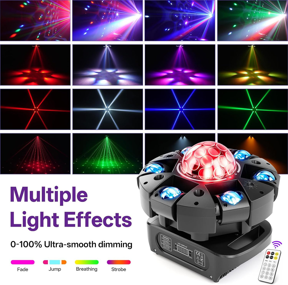 Moving Head DJ Lights,120W RGBW DJ Stage Lighting，6 Arms Party Light,Changing Glowing Magic Ball Effect Light, Red Green Starry, White Amber Strobe,Support DMX-512 Remote for Party Bar Disco Club DJ