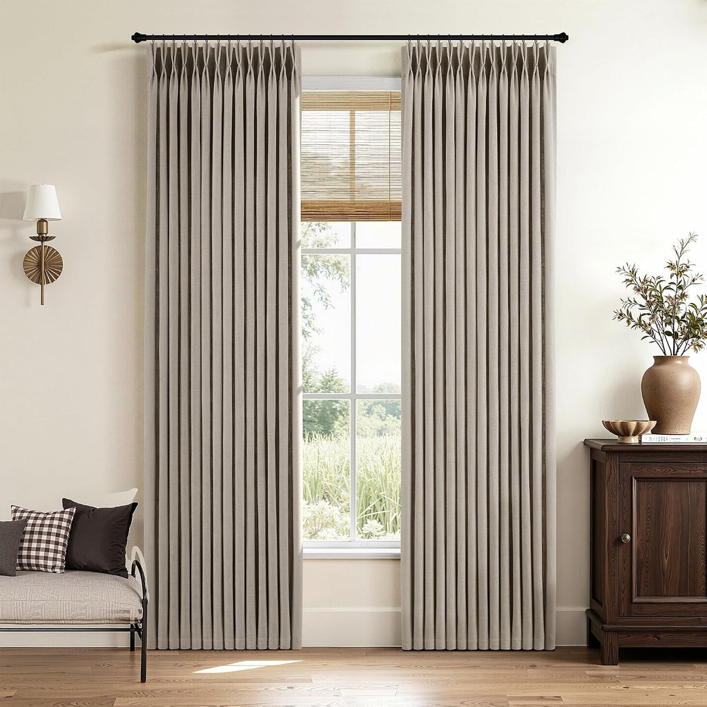 Pinch Pleated Linen Curtains 90 Inches Long Semi Sheer 2 Panels Natural
