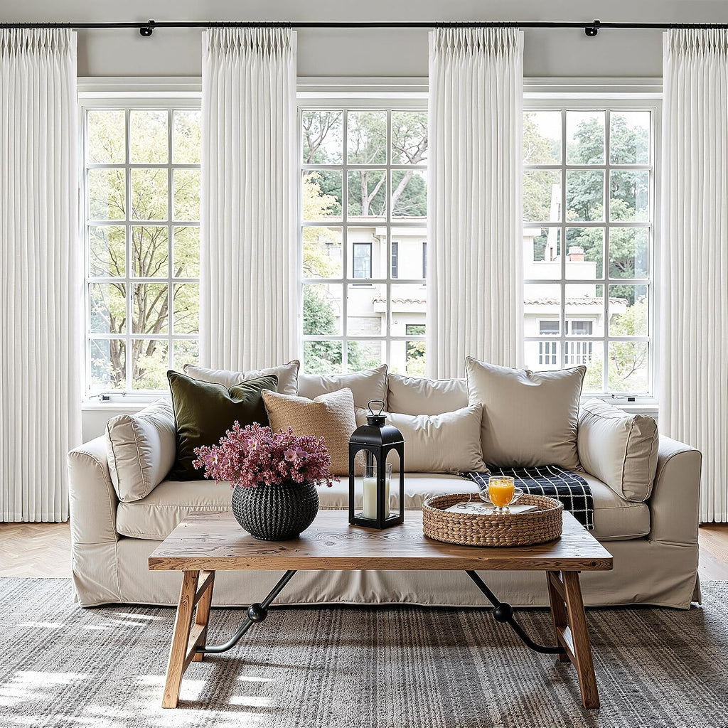Pinch Pleated Linen Curtains 90 Inches Long Semi Sheer 2 Panels Natural