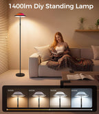 Uplighter LED Floor Lamp | RGB & Water Ripple Dynamic, Warm Cool White Light Standing Lamp with Remote Control, 3000K-6000K, Color-Changing Lighting for Living Room, Bedroom and Gaming Room