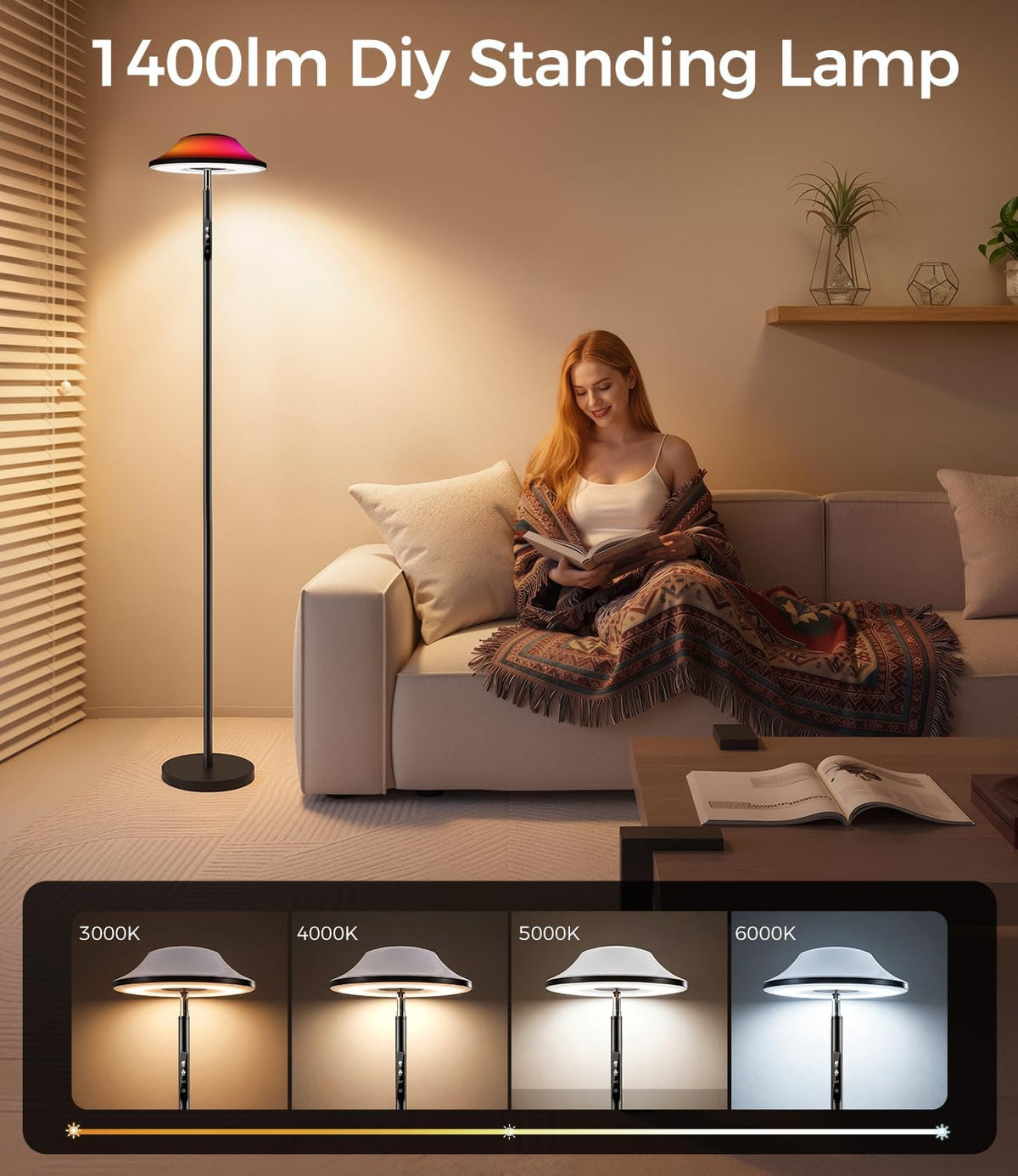 Uplighter LED Floor Lamp | RGB & Water Ripple Dynamic, Warm Cool White Light Standing Lamp with Remote Control, 3000K-6000K, Color-Changing Lighting for Living Room, Bedroom and Gaming Room