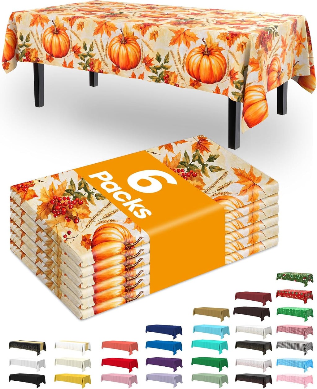 Thanksgiving Tablecloths 6 Pack, 54 X 108 Inch, Pumpkin Harvest