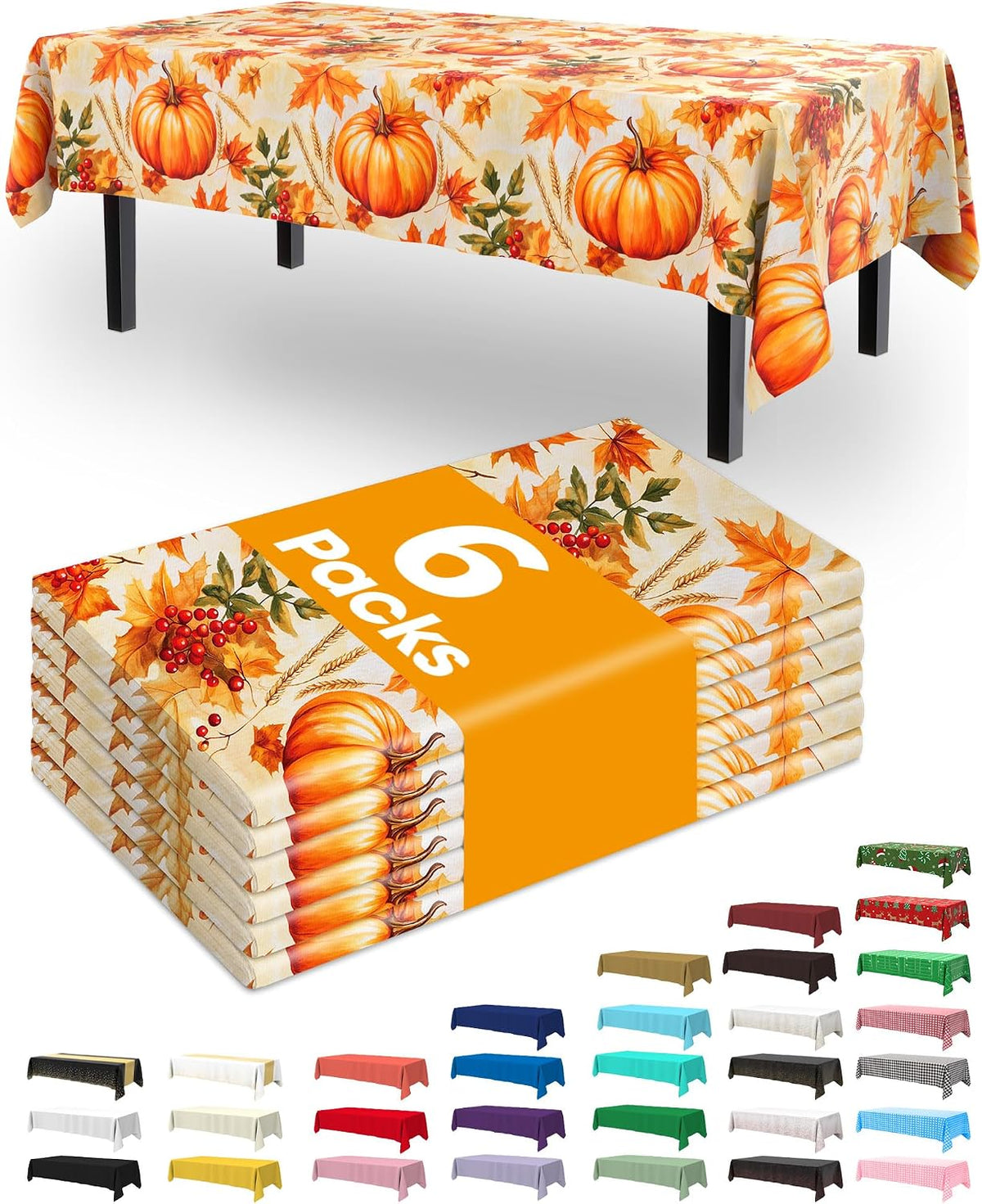 Thanksgiving Tablecloths 6 Pack, 54 X 108 Inch, Pumpkin Harvest