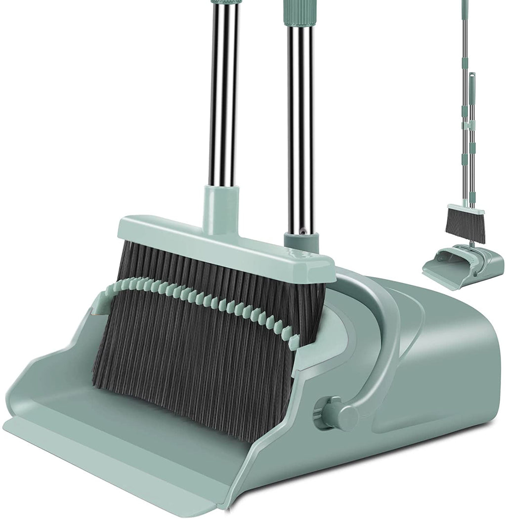 Upgrade Broom and Dustpan Set, Self-Cleaning with Dustpan Teeth, Indoor&Outdoor Sweeping, Ideal for Dog Cat Pets Home Use, Stand up Broom and Dustpan (Gray&Orange)