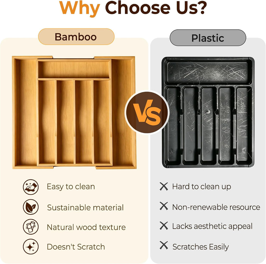Expandable Bamboo Kitchen Drawer Organizer for Cutlery and Utensils, Adjustable Bamboo Wood Cutlery Tray in Drawer for Flatware and Silverware in Kitchen, (Natural)