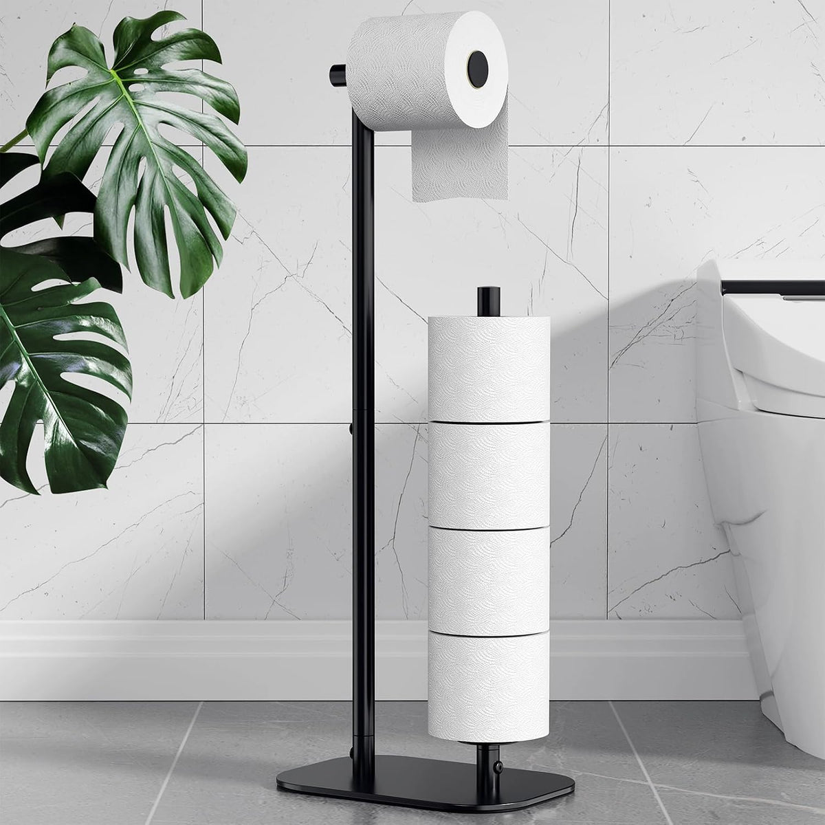 Toilet Paper Holder Stand, Bathroom Storage, Medium, Black