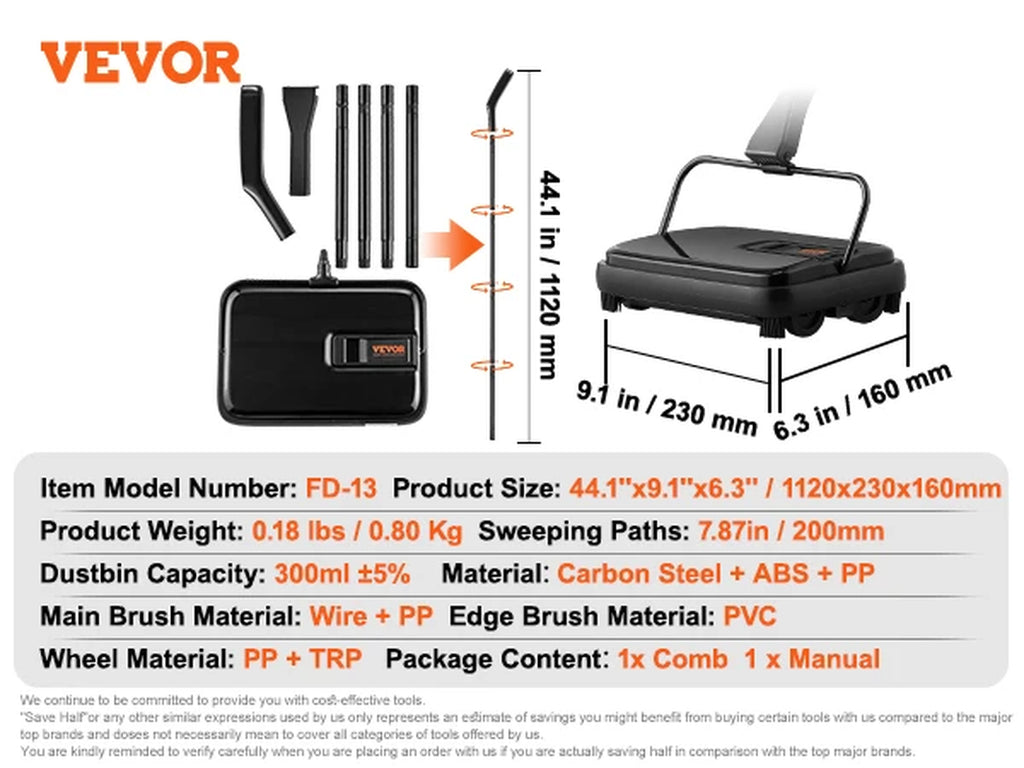 Manual Carpet Sweeper 7.87 in Sweeping Paths 300Ml Dustbin Capacity W/ Comb for Home Rugs Hardwood Surfaces Wood Floors