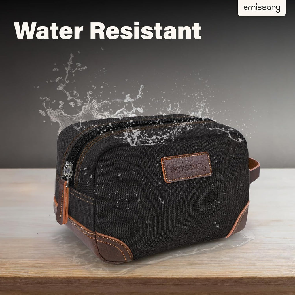 Men'S Canvas Travel Toiletry Bag, PU Leather Dopp Kit - Black