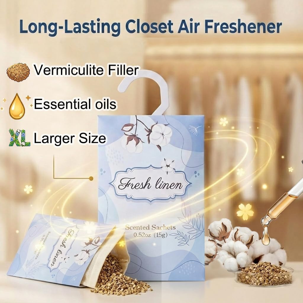 Closet Air Freshener with Hanging Retractable Hook, 12 Fresh Linen Sachets