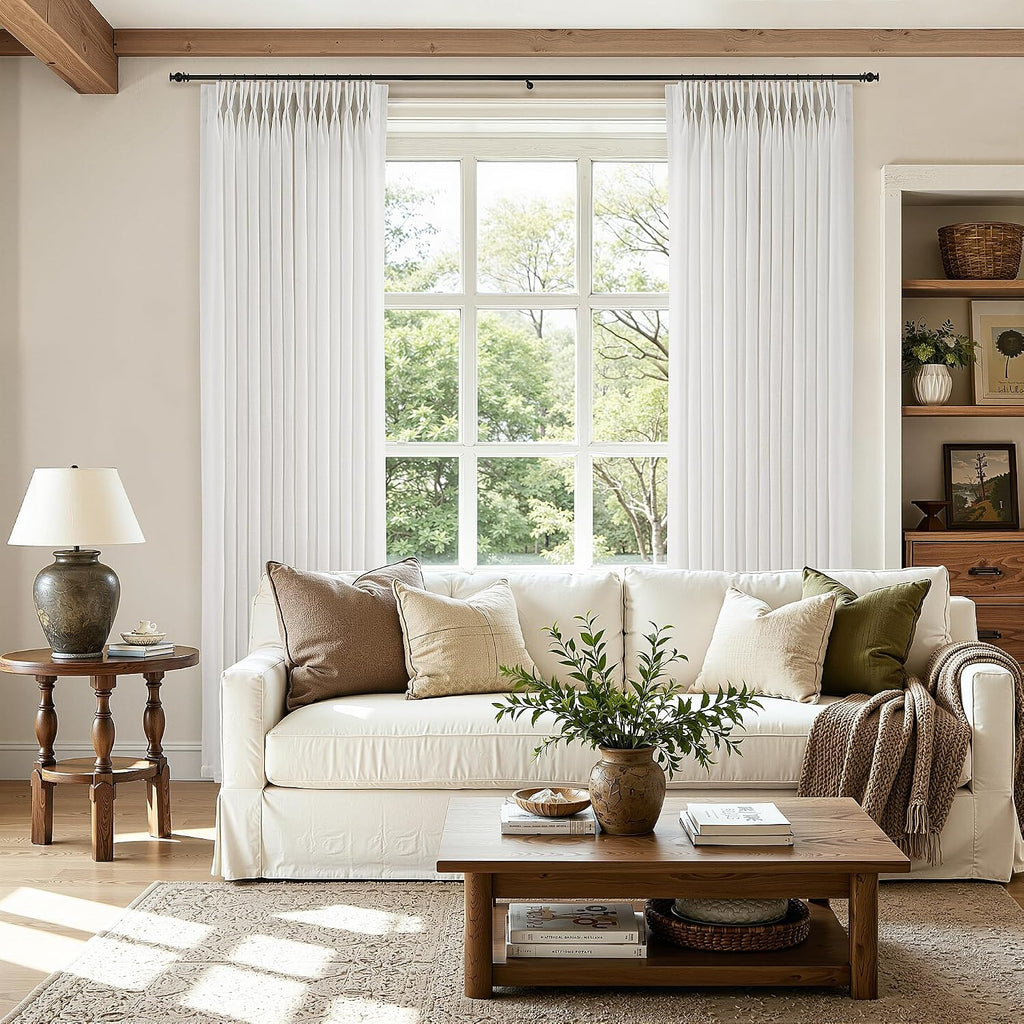Pinch Pleated Linen Curtains 90 Inches Long Semi Sheer 2 Panels Natural