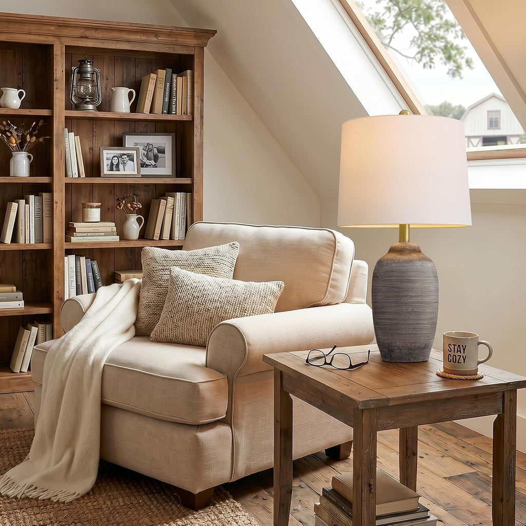 24.5" Ceramic Rustic Lamp for Living Room with Pre-Attached Shade