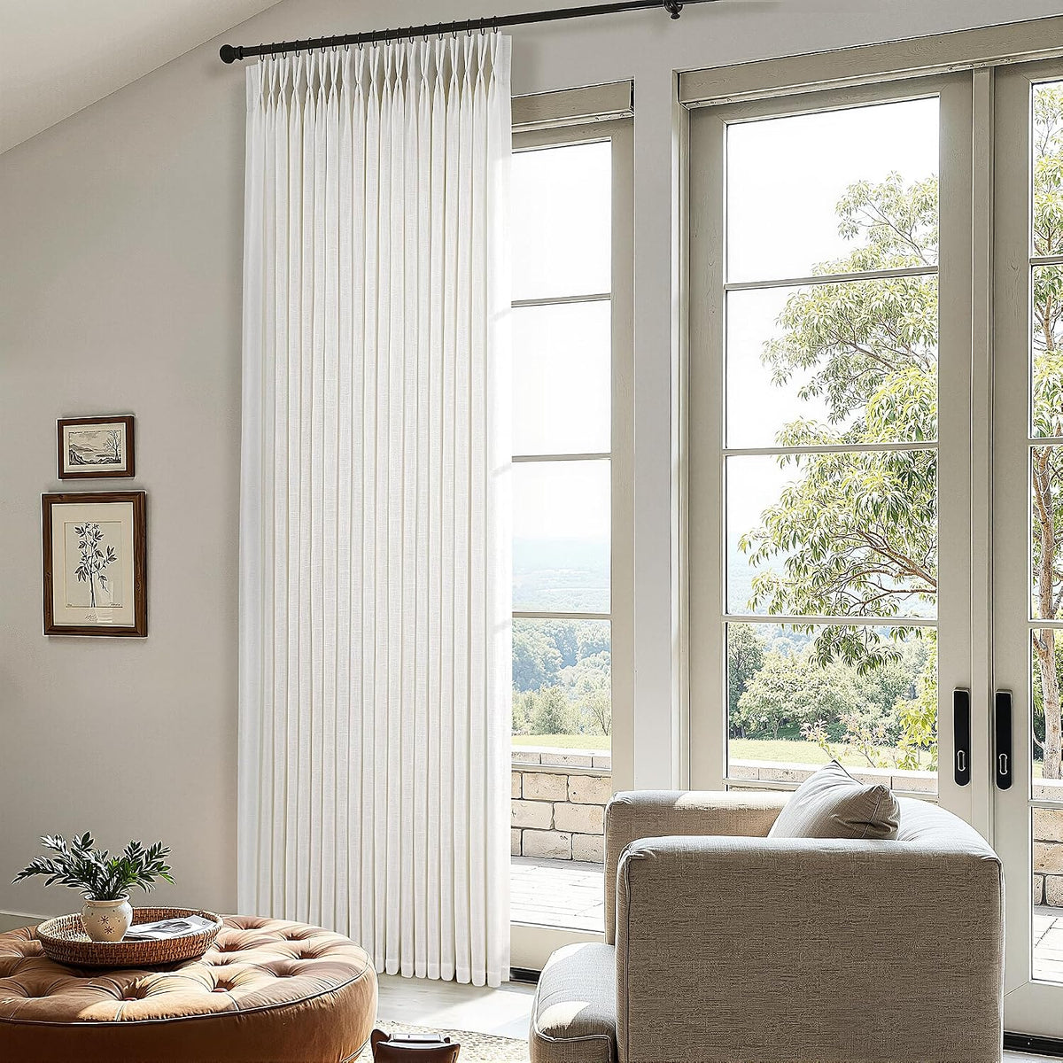 Pinch Pleated Linen Curtains 90 Inches Long Semi Sheer 2 Panels Natural