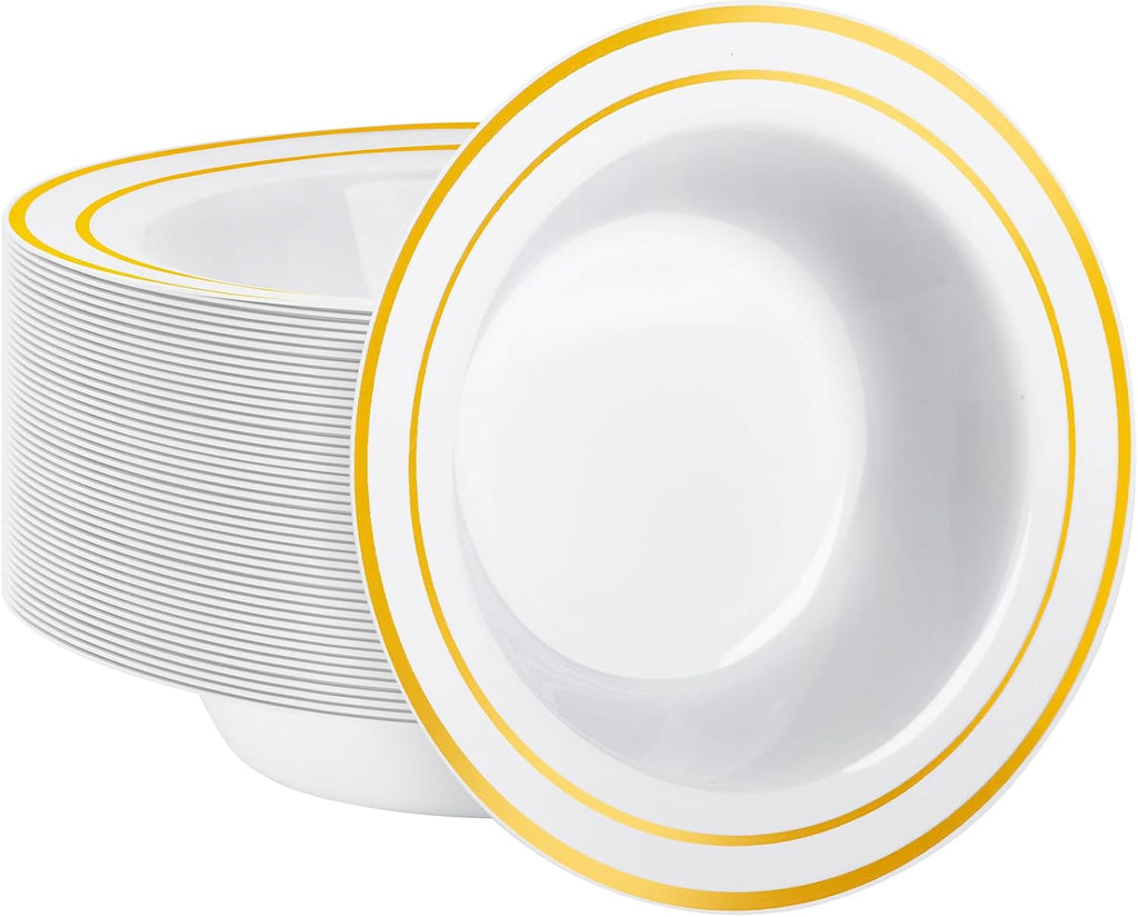 50 Pack Plastic Bowls with Gold Rim
