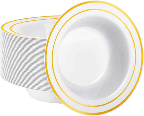 50 Pack Plastic Bowls with Gold Rim