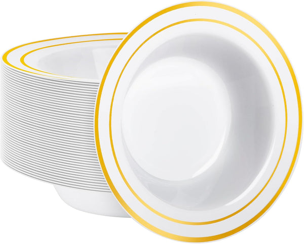 50 Pack Plastic Bowls with Gold Rim