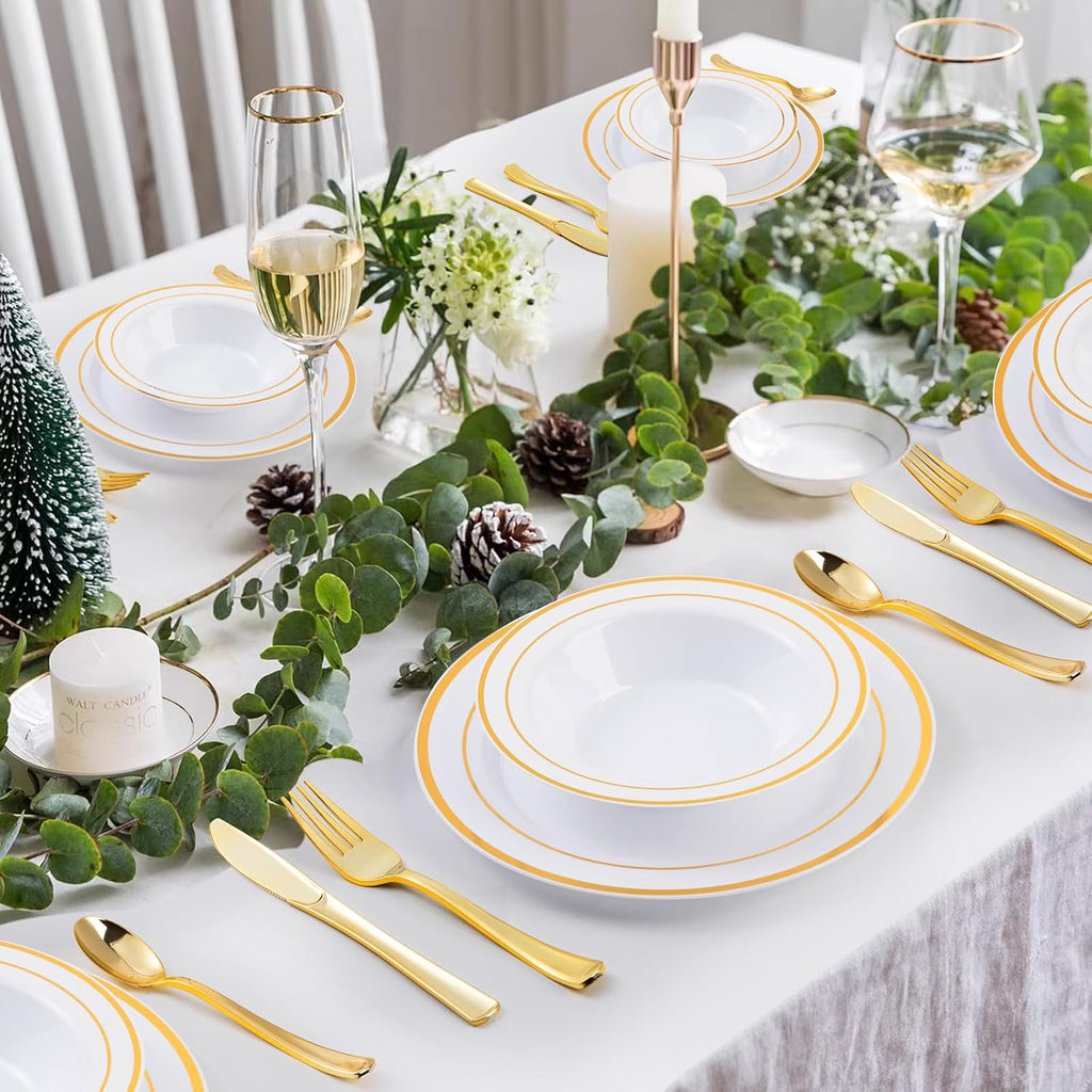 50 Pack Plastic Bowls with Gold Rim