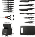16 Pieces Kitchen Knife Block Set with Cutting Board, German Stainless Steel Knife Set with Sharpener, Dishwasher Safe, Anti-Slip Handle, 6 Steak Knives, Black