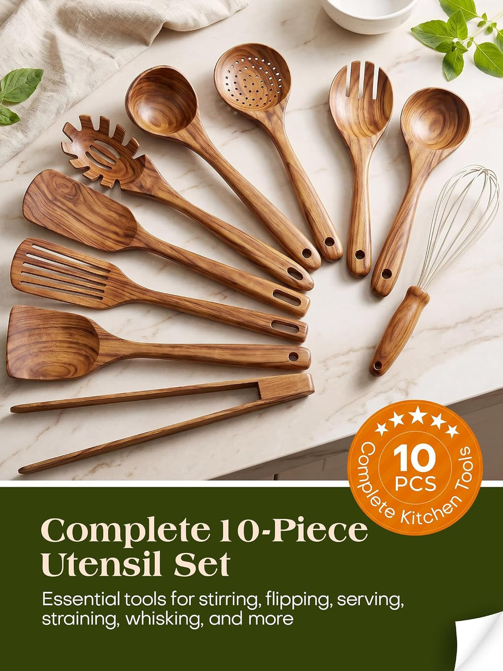 10Pcs Wooden Kitchen Utensils, Teak Wood Utensil Set for Kitchen, Heat-Resistant Wooden Spoons for Cooking, Nonstick Wood Spatula Soup Ladle Tong Egg Whisk