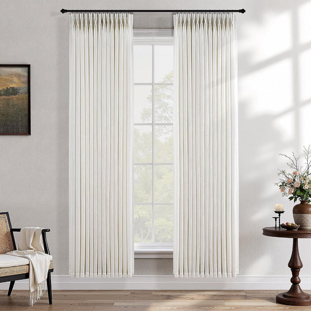 Pinch Pleated Linen Curtains 90 Inches Long Semi Sheer 2 Panels Natural