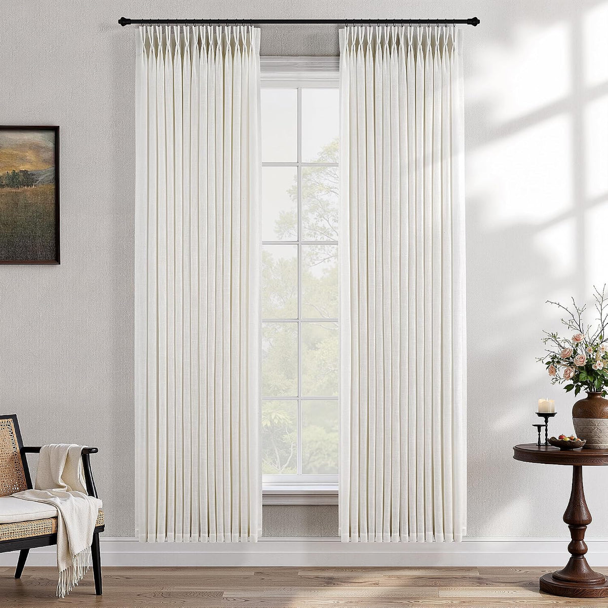 Pinch Pleated Linen Curtains 90 Inches Long Semi Sheer 2 Panels Natural