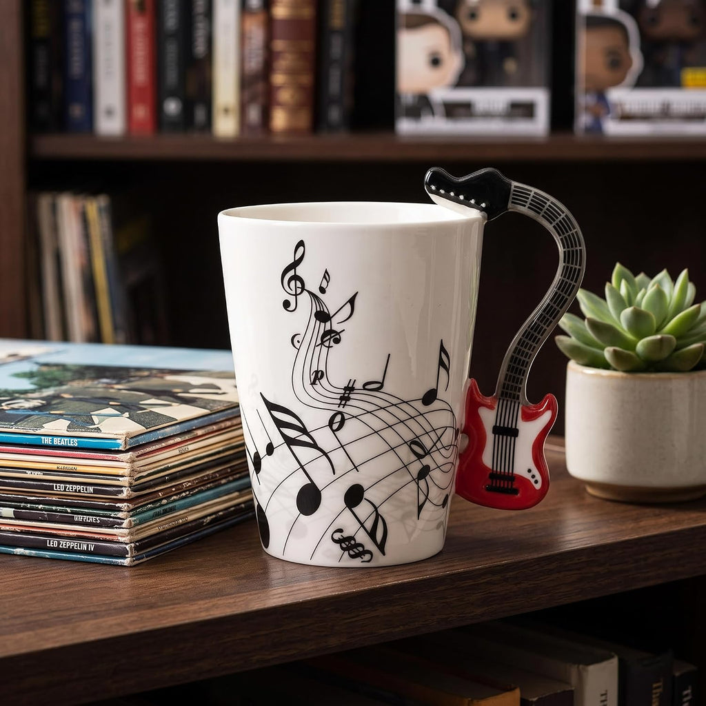 12.9 Oz Guitar Novelty Mug Unique Musical Note Design Tea Coffee Milk Ceramic Mug Cup with Guitar Handle,Gift for Guitar Players,Musicians Gifts,Music Lovers Gift for Men,Women,Teacher,Red