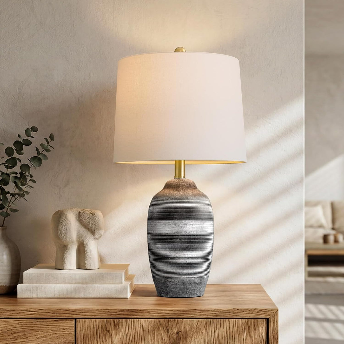 24.5" Ceramic Rustic Lamp for Living Room with Pre-Attached Shade