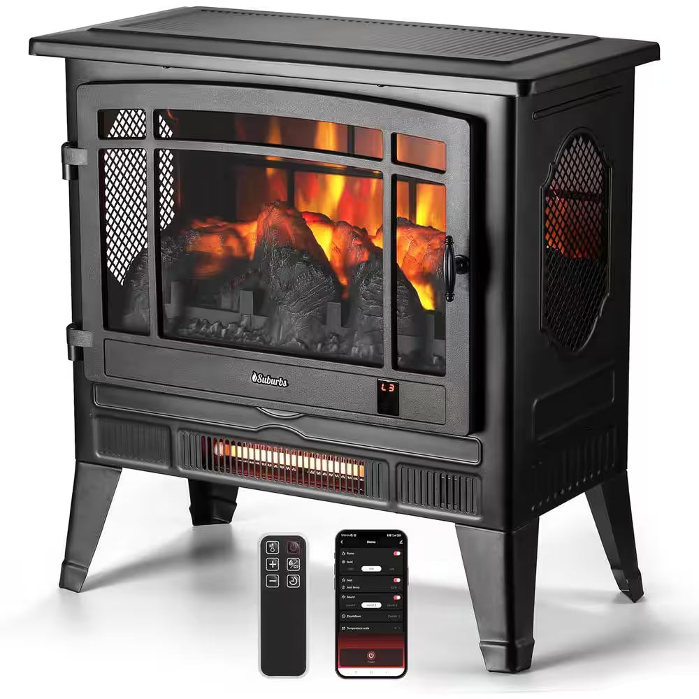 1400 W Suburbs 25 In. Wifi-Enabled Electric Fireplace Infrared Quartz Heater, Crackling Sound Freestanding Heater, Black