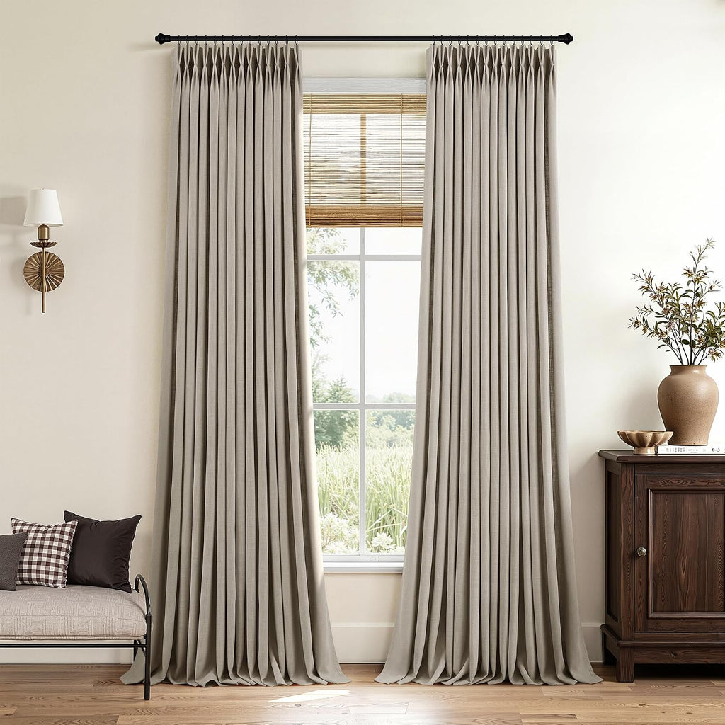 Pinch Pleated Linen Curtains 90 Inches Long Semi Sheer 2 Panels Natural