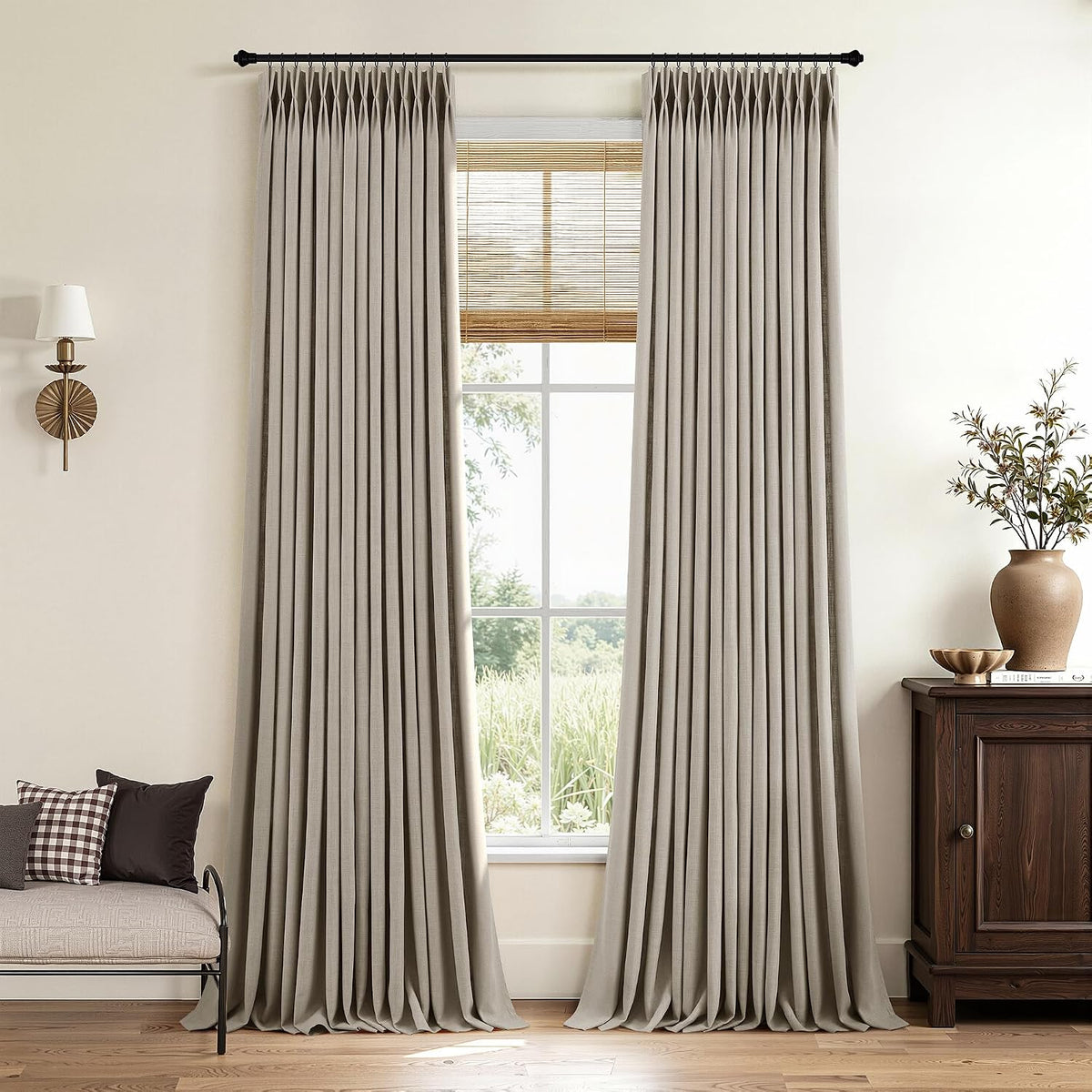 Pinch Pleated Linen Curtains 90 Inches Long Semi Sheer 2 Panels Natural