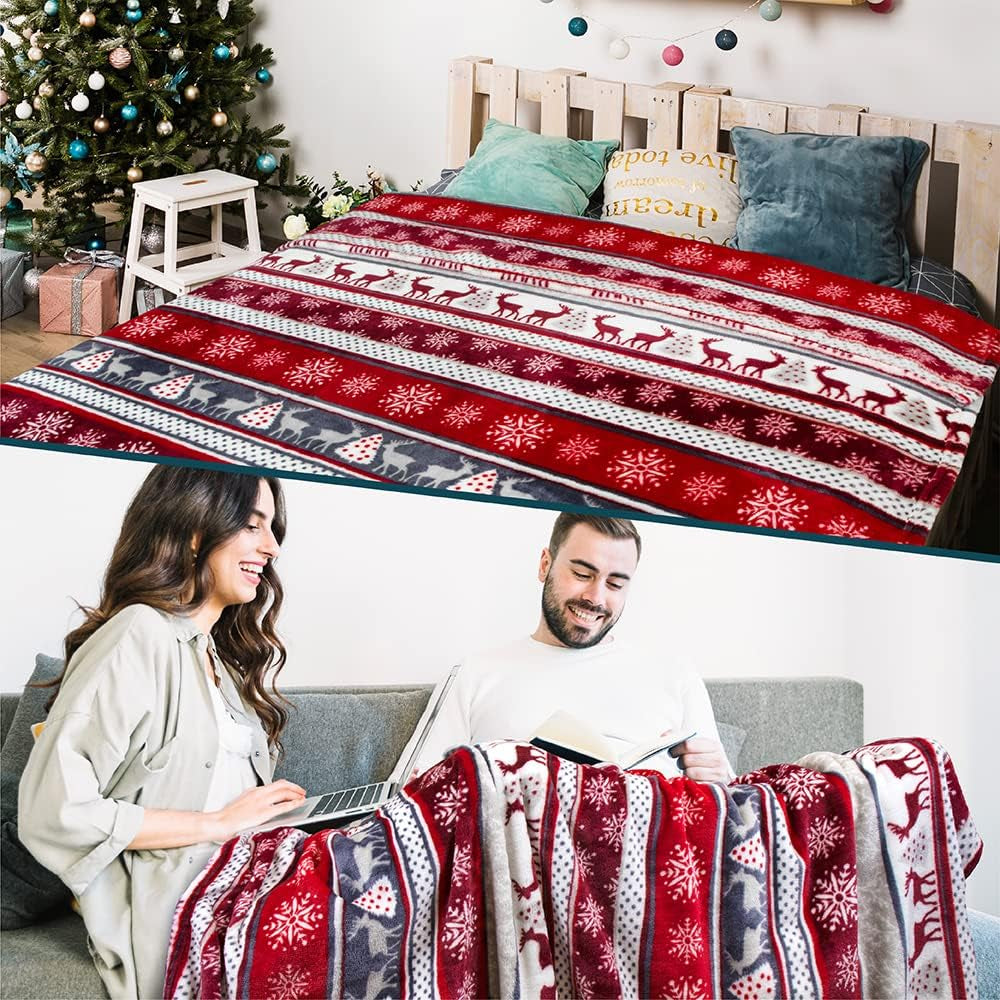 Christmas Reindeer Snowflake Throw Blanket, Red Winter Fleece 50X60