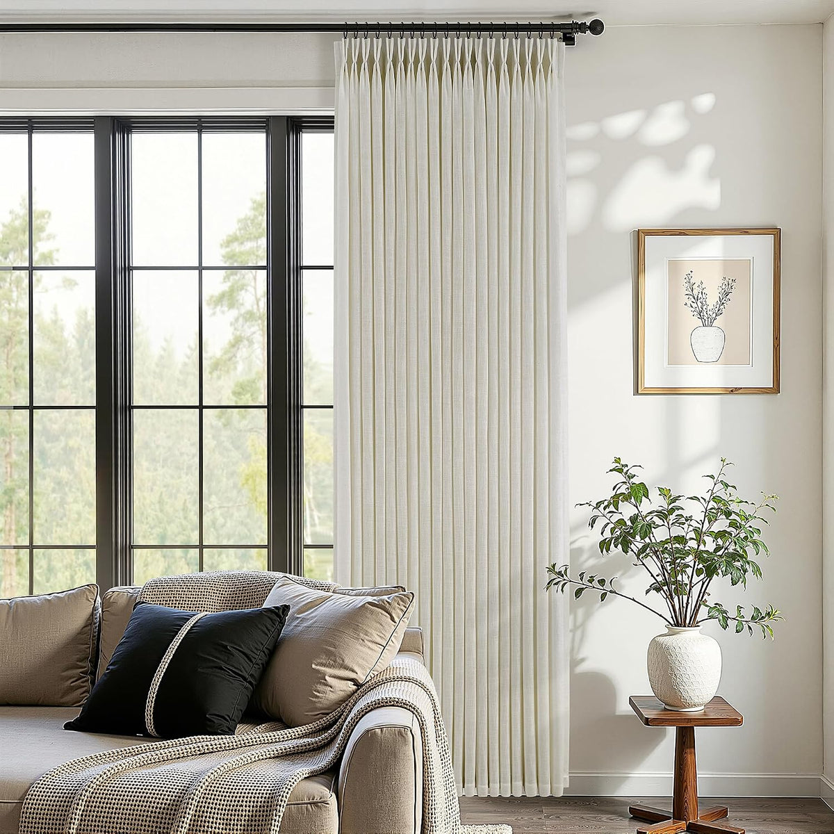 Pinch Pleated Linen Curtains 90 Inches Long Semi Sheer 2 Panels Natural