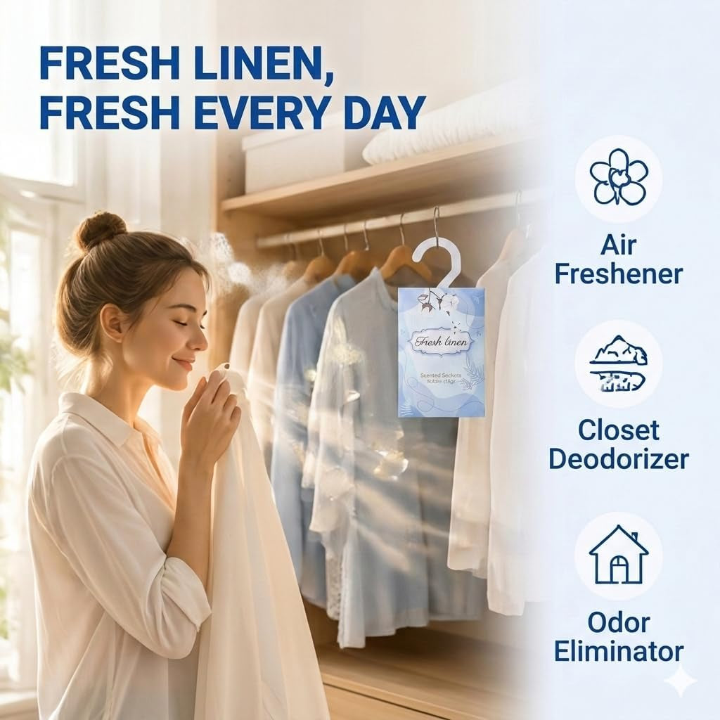 Closet Air Freshener with Hanging Retractable Hook, 12 Fresh Linen Sachets