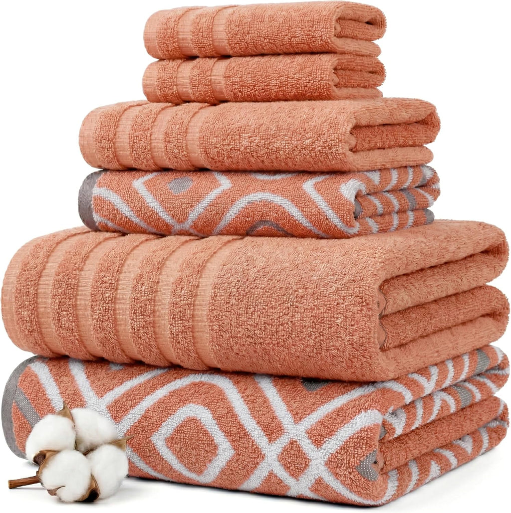 6 Piece Bath Towel Set – Bathroom Set with 2 Bath Towels, 2 Hand Towels, and 2 Wash Cloths – 100% Cotton, Super Absorbent & Extra Soft – Reversible Botanical Vine (Taupe Brown)