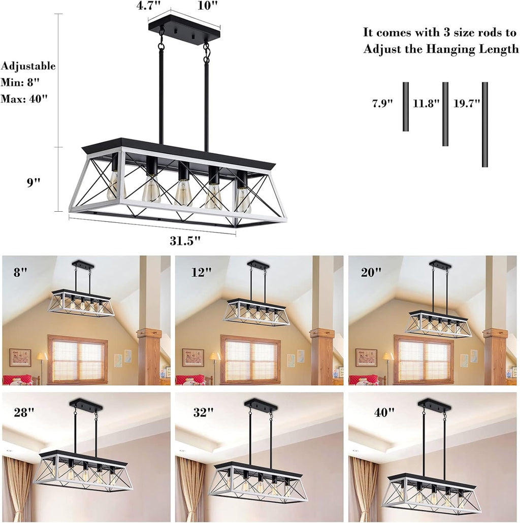 5-Light Pendant Lights Fixture, Farmhouse Chandeliers for Dining Room, Rustic Island Lights for Kitchen, Rectangular Chandelier Rustic Farmhouse Light Fxiture