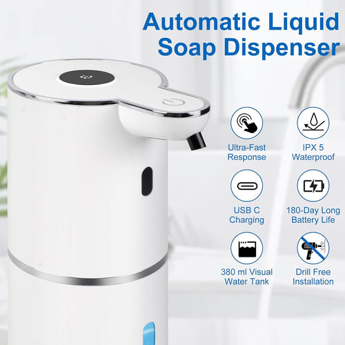 Automatic Soap Dispenser, Hand Soap Dispenser 12.8Oz/380Ml Smart Rechargeable, Liquid Touchless Soap Dispensers with 6-Level, Wall Mounted or Countertop Dish Soap Dispensing for Bathroom & Kitchen