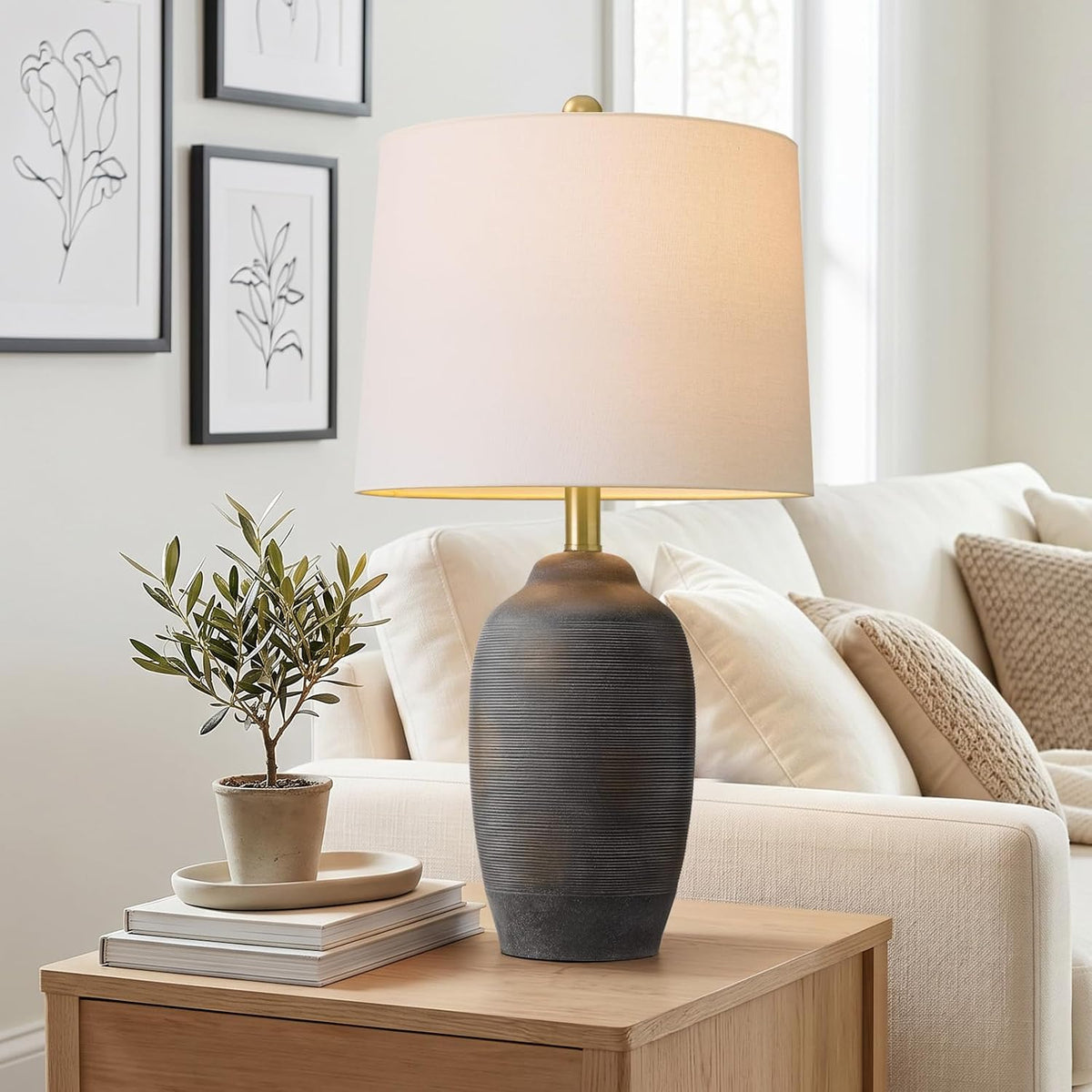 24.5" Ceramic Rustic Lamp for Living Room with Pre-Attached Shade