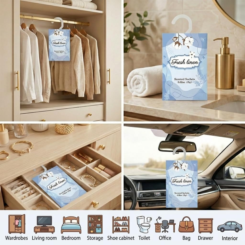 Closet Air Freshener with Hanging Retractable Hook, 12 Fresh Linen Sachets