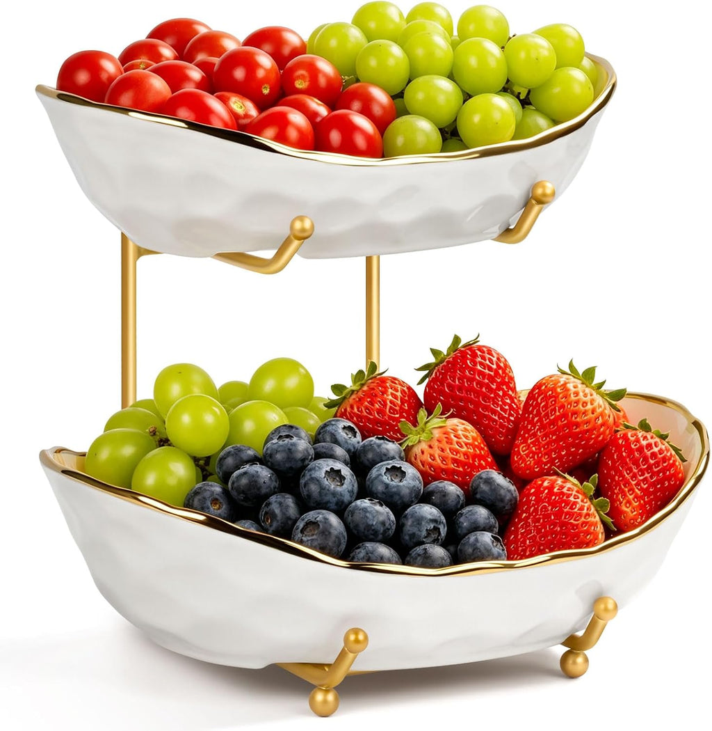 Fruit Bowl for Kitchen Counter - 2 Tier Ceramic Fruit Basket, Fruit Holder for Fresh Fruit & Veggies, Modern Tiered Fruit Platter Serving Trays for Party