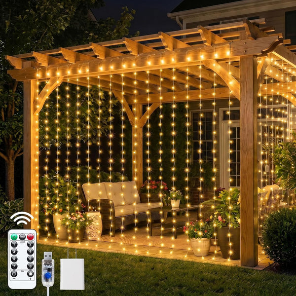 300 LED Curtain Lights, 9.8 FT Plug in Fairy Lights for Bedroom, 8 Lighting Modes, Christmas String Lights for Window Wall Wedding Party Birthday Christmas Decorations, Warm White