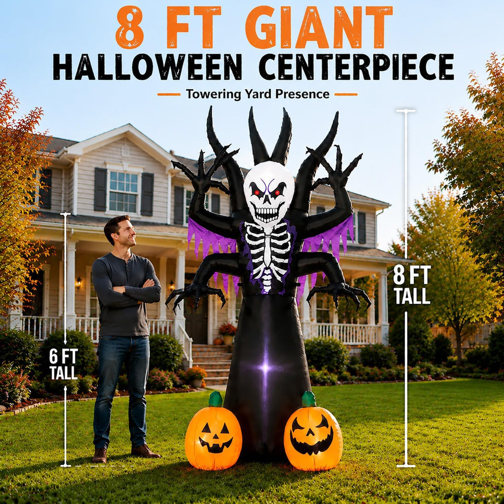 8FT Halloween Inflatable Skeleton Tree Grim Reaper Yard Decoration LED ...