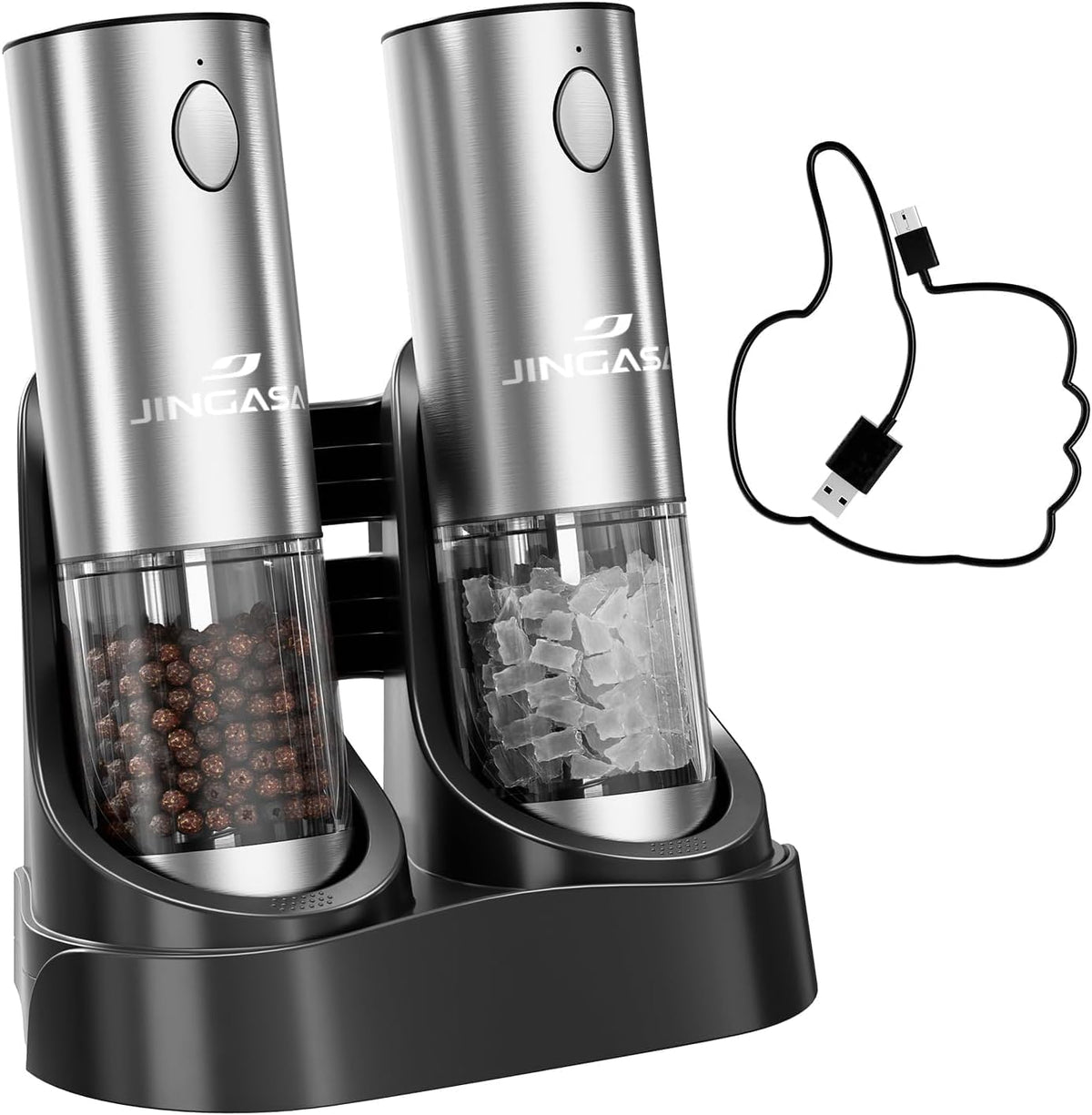 [Upgraded Larger Capacity] Electric Salt and Pepper Grinder Set with USB Charging Base, 95Ml Large Capacity, Adjustable Coarseness,Stainless Steel Automatic Pepper Mill (Upgraded Adjustmen Black)
