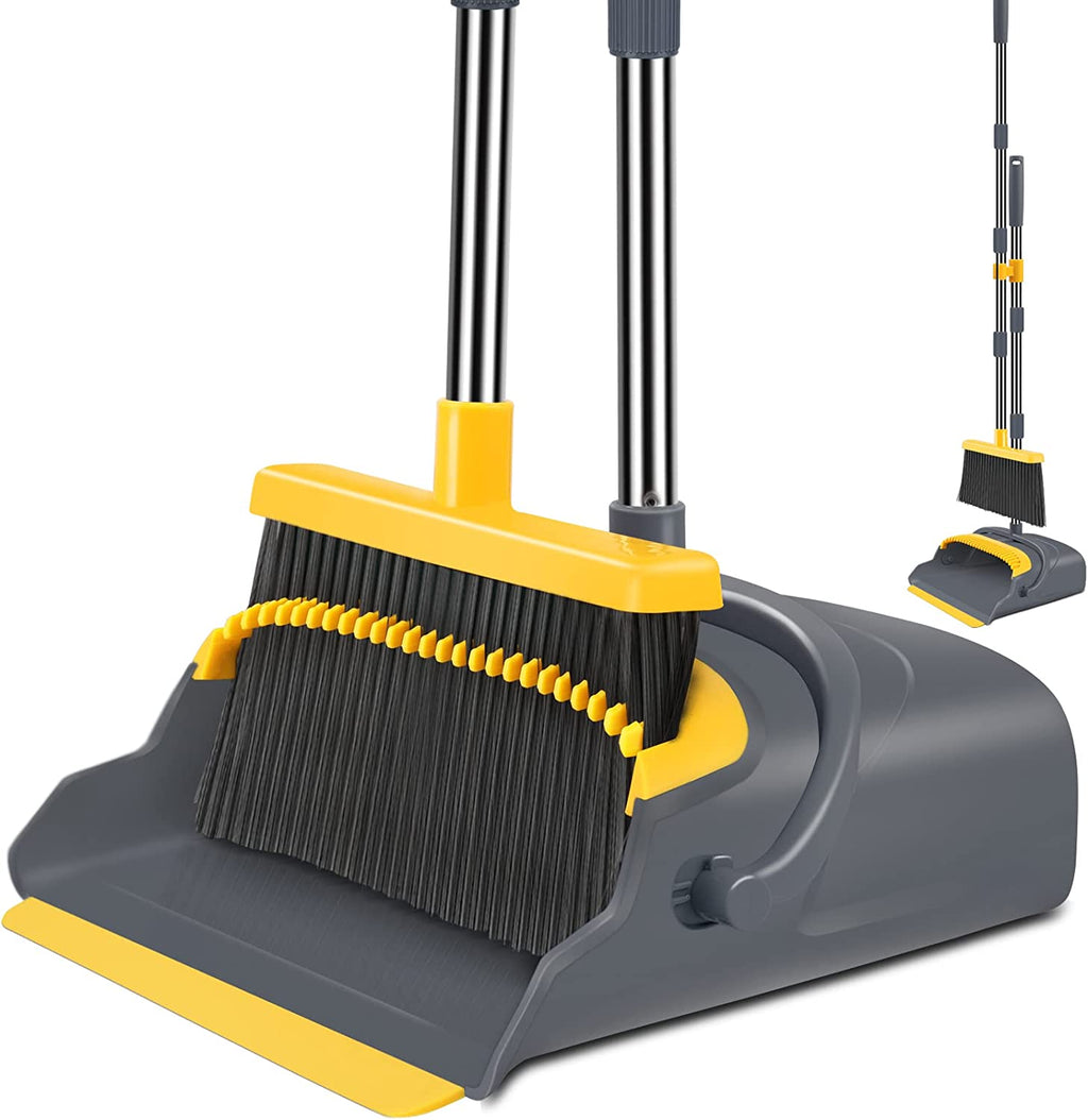 Upgrade Broom and Dustpan Set, Self-Cleaning with Dustpan Teeth, Indoor&Outdoor Sweeping, Ideal for Dog Cat Pets Home Use, Stand up Broom and Dustpan (Gray&Orange)